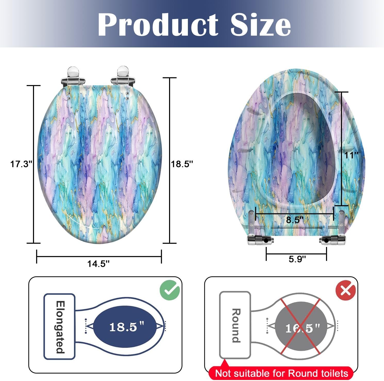 Elongated Toilet Seat Marble Pink Water Color Blue Ink Paint Purple Ink Watercolor Green Resin Toilet Seat Slow Quiet Close Lid with Quick-Release Hinges Cover Bumpers Easy to Clean Install