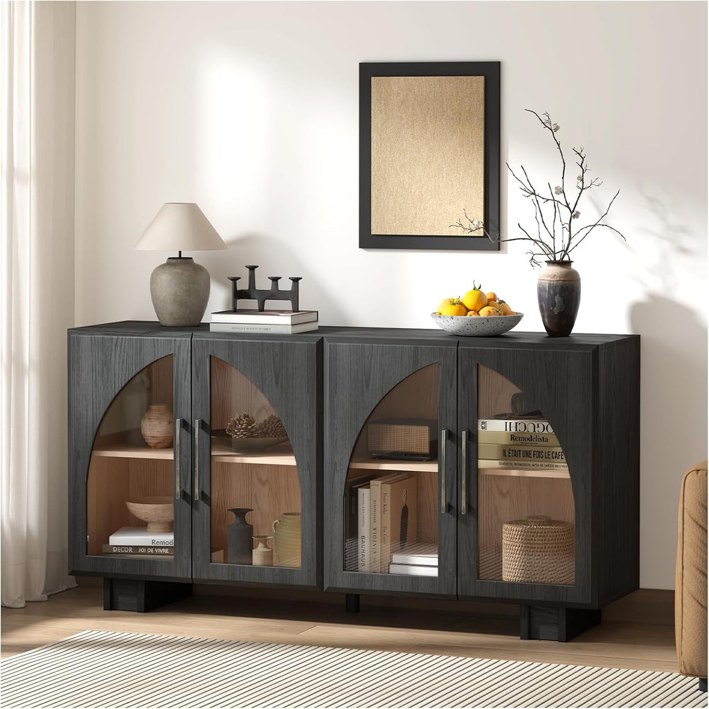 JOINICE Sideboard Buffet Cabinet with Storage,63' Modern Accent Console Cabinet with Glass Doors,Arched Credenza Storage Cabinet with Adjustable Shelves for Entryway,Kitchen,Black