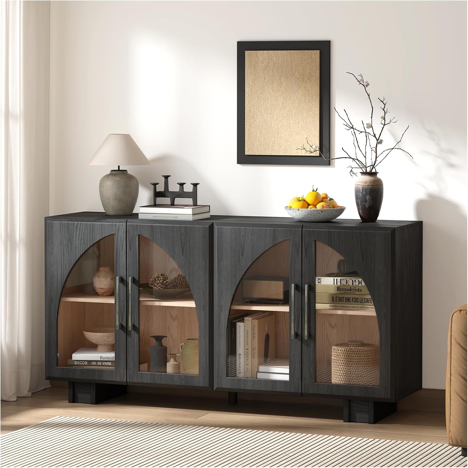 JOINICE Sideboard Buffet Cabinet with Storage,63' Modern Accent Console Cabinet with Glass Doors,Arched Credenza Storage Cabinet with Adjustable Shelves for Entryway,Kitchen,Black