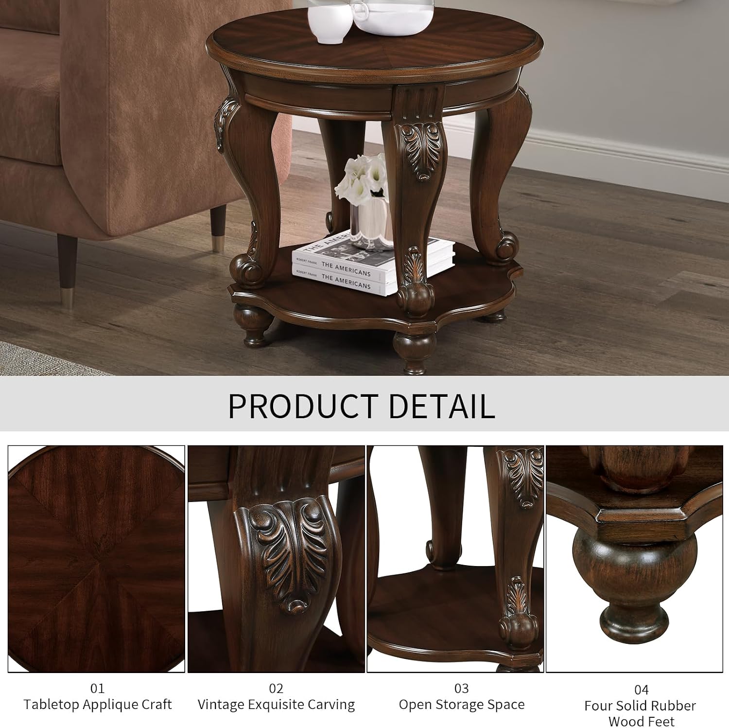 Vintage Small Round End Table 22' Wood Side Table, Antique Table Legs with Elegant Carvings, Easy Assembly, Cherry
