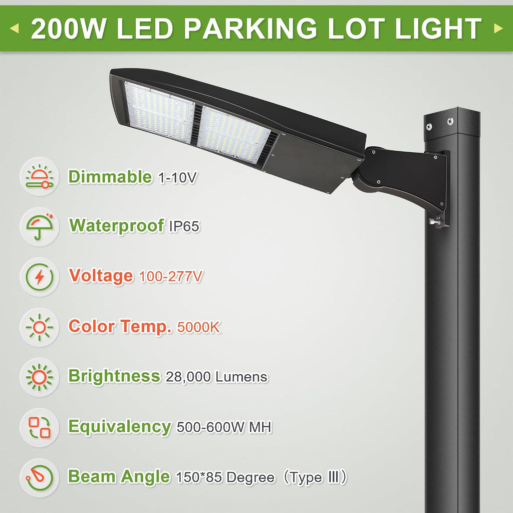 200W LED Parking Lot Light, 28000LM Dimmable LED Pole Light, Surge Protector, 600W MH Equivalent, 5000K, UL Listed, Direct Pole Arm Mount, 100-277V Street Area Light