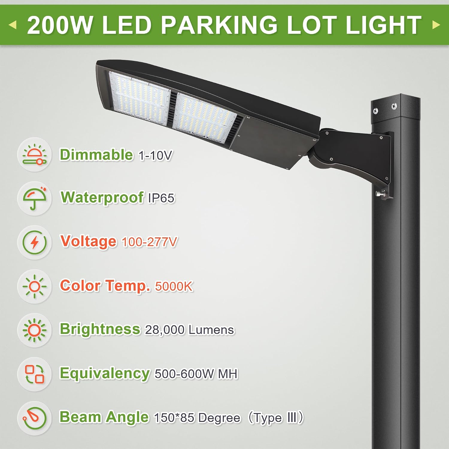 200W LED Parking Lot Light, 28000LM Dimmable LED Pole Light, Surge Protector, 600W MH Equivalent, 5000K, UL Listed, Direct Pole Arm Mount, 100-277V Street Area Light