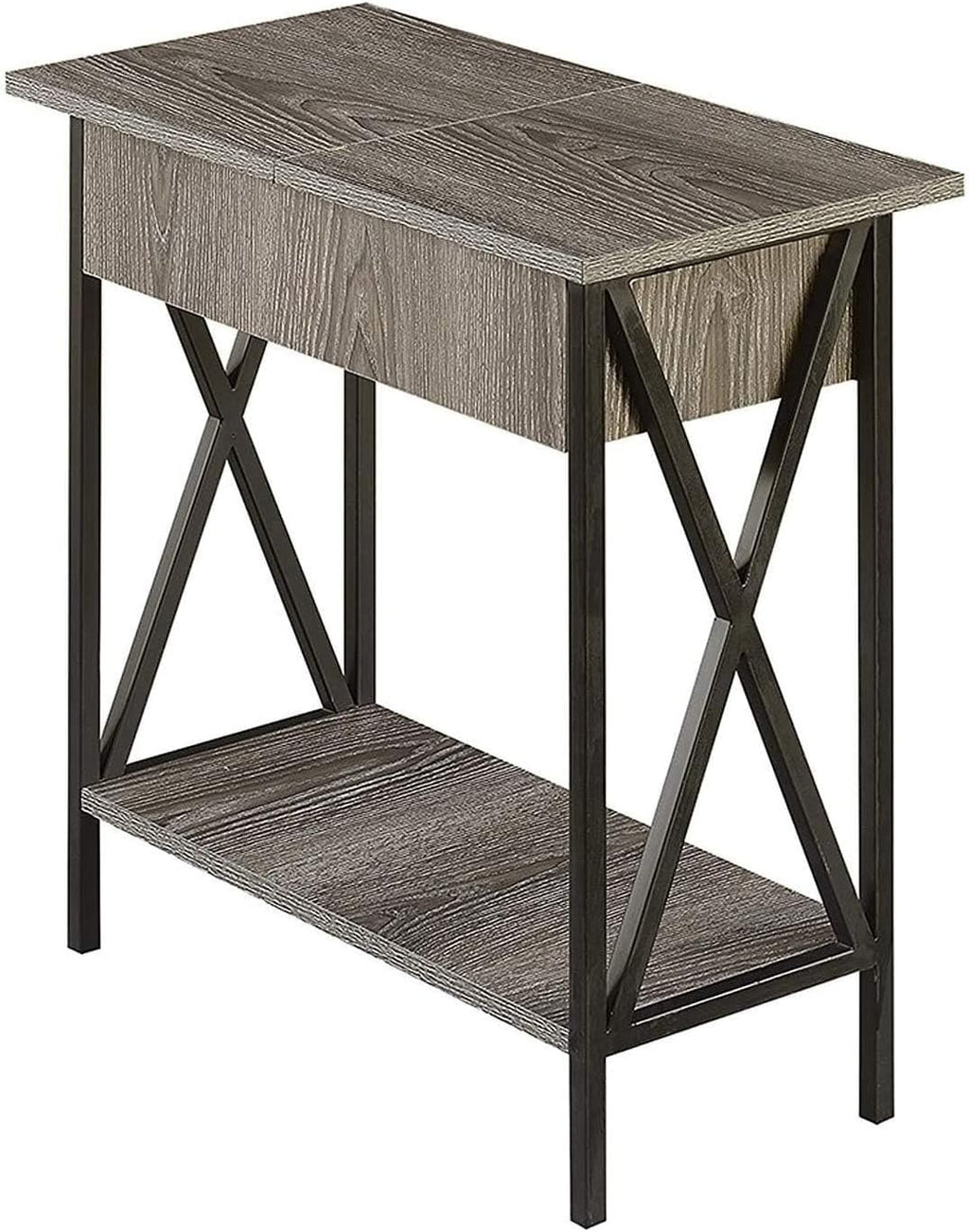 Convenience Concepts Tucson Flip Top End Table with Charging Station 23.75' - Modern Living Room Table with Storage Shelf, Nightstand Side Table, Weathered Gray