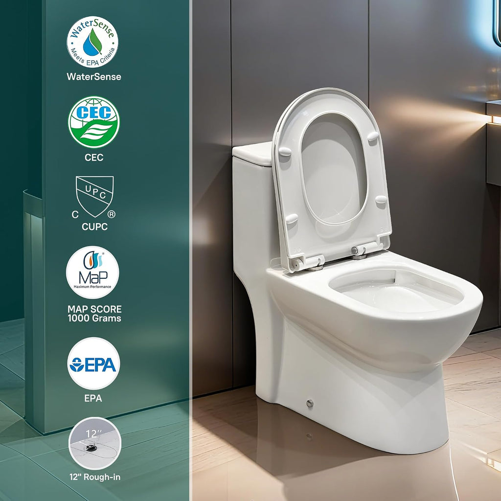 W2121D One-Piece Dual Flush Toilet, 0.8/1.28 GPF,360° Tornado Flush, Elongated D-Shape Bowl, 12-In Rough-In, White, Soft-Close Seat, EPA & WaterSense Certified
