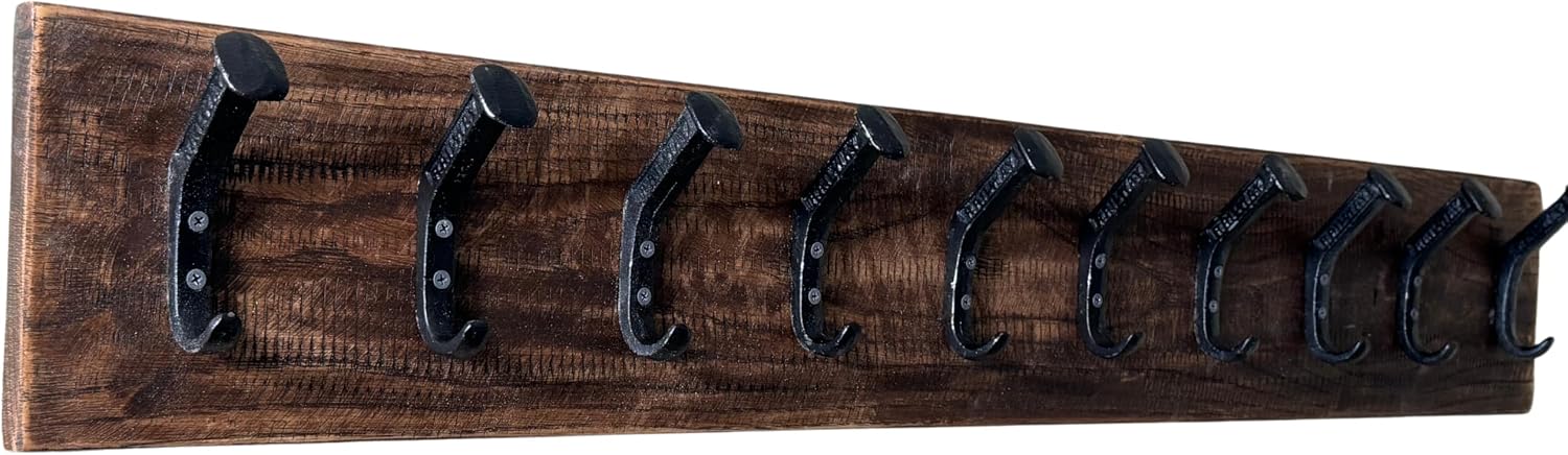 Magnolia Oaks Woodshop Rustic Reclaimed Wooden Wall Coat & Hat Rack - 10 Hooks / 45' Long - Farmhouse Handmade Wood Wall Rack with Railroad Spike Hooks