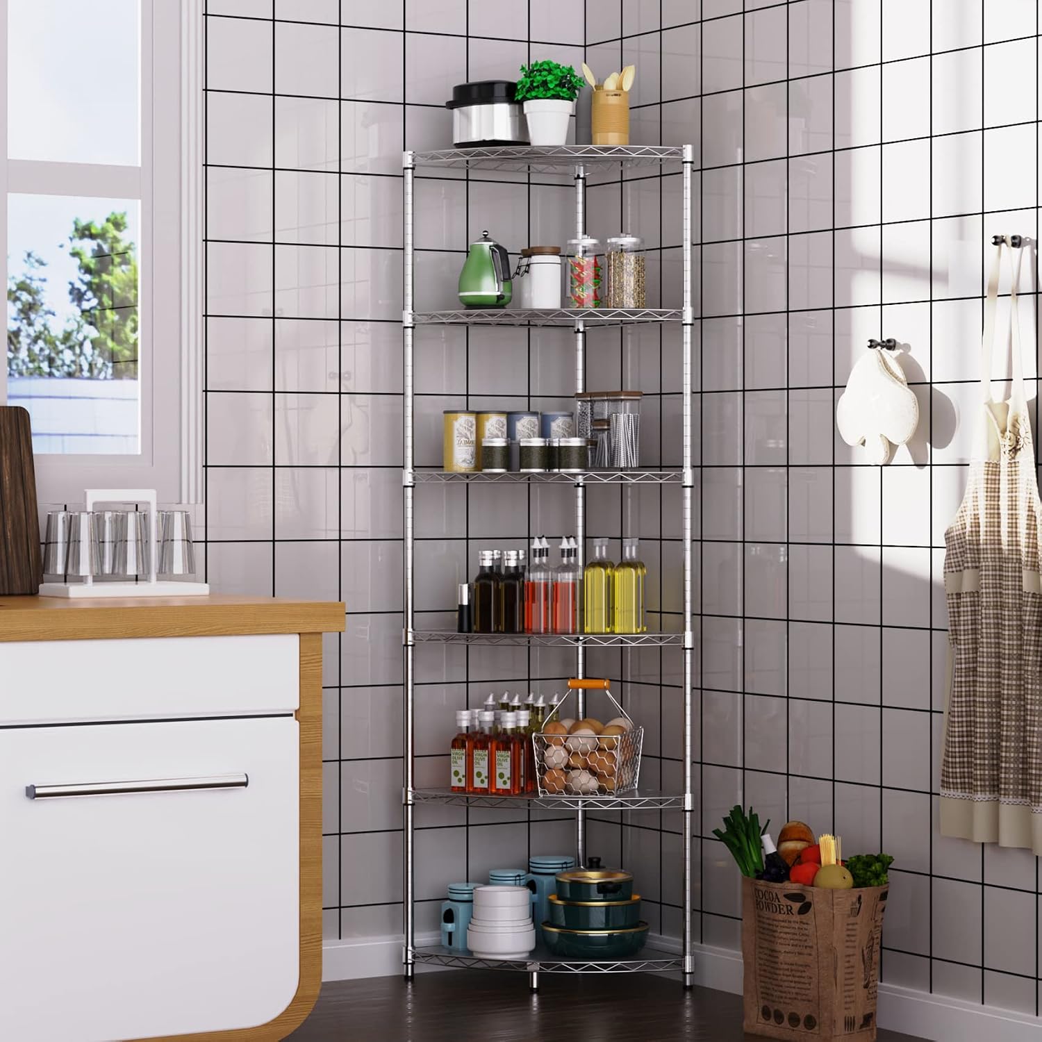 NSF 6-Tier Metal Corner Shelf Wire Shelving Unit - 420 lbs Capacity, Adjustable, with leveling feet & Waterproof Shelf Liners - Ideal for Garage, Kitchen, and More - 72' H x 18' L x 18' D - Chrome