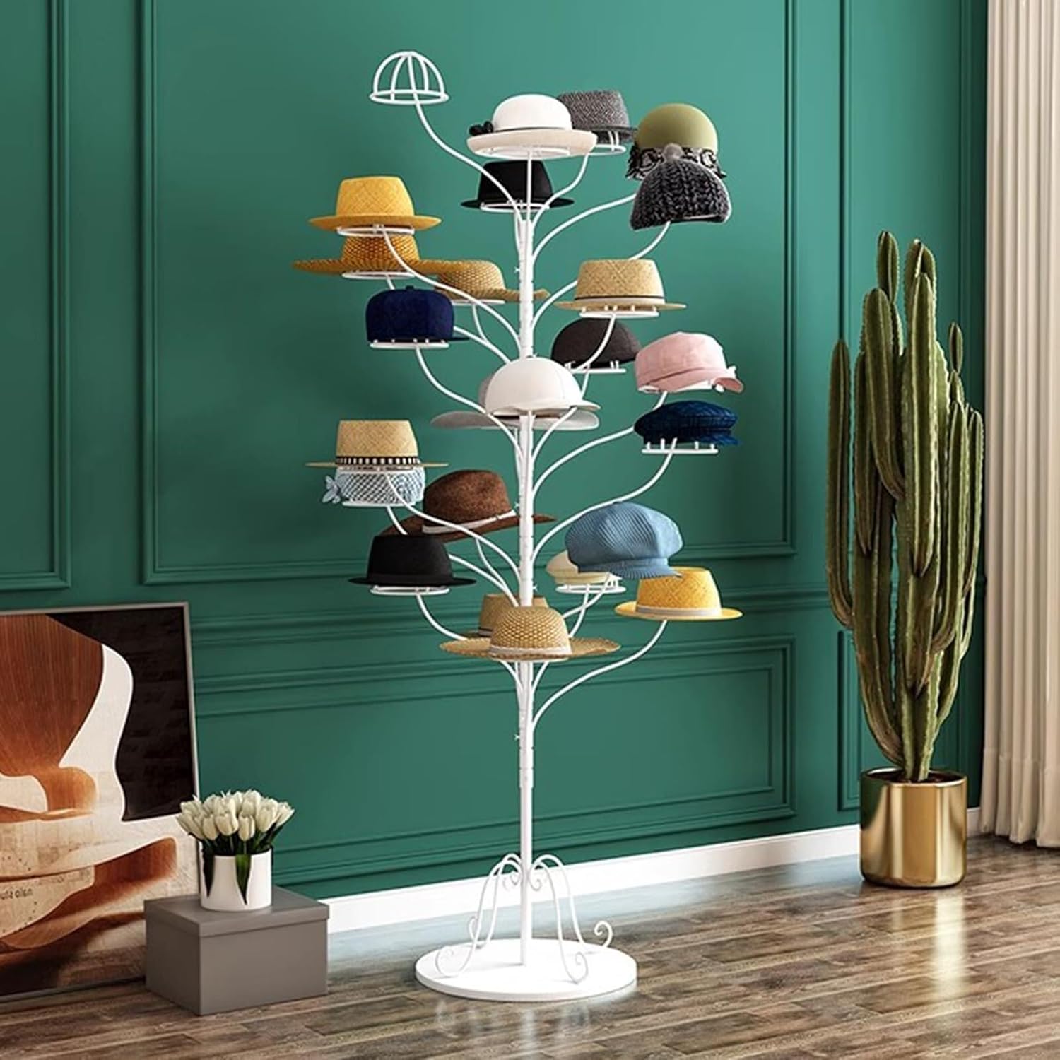 Standing Hat Display Stand with Wheels, Metal Organizer for Baseball Caps, Wigs & Headwear, Commercial Storage Rack(White,Child Capacity 20)