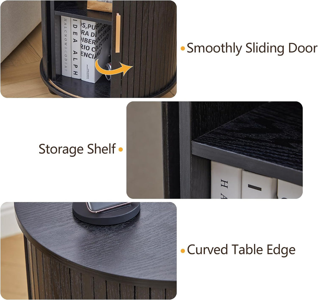 Set of 2 Fluted Round End Table with Charging Station, Small Farmhouse Sofa Side Table with Sliding Tambour Door & Storage, Mid-Century Wood Fulted Nightstands for Living Room, Bedroom (Black)