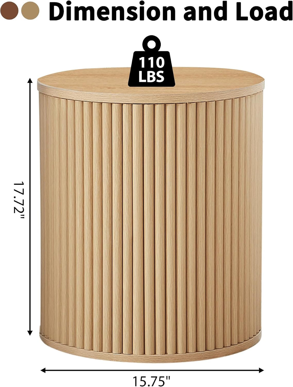 Round Fluted Side Table Set of 2, 15.7' Mid-Century Modern End Table with Storage, Wooden Bedside Table Round Nightstand Small Circle Sofa Accent Table for Living Room, Bedroom (Natural)