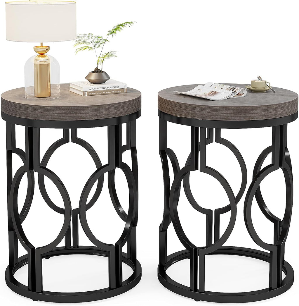 Tribesigns Round End Table Set of 2, Industrial Side Table with Metal Hollow Frame, Small Bedside Table Nightstand for Living Room, Bedroom, Easy Assembly (Grey,2 PCS)