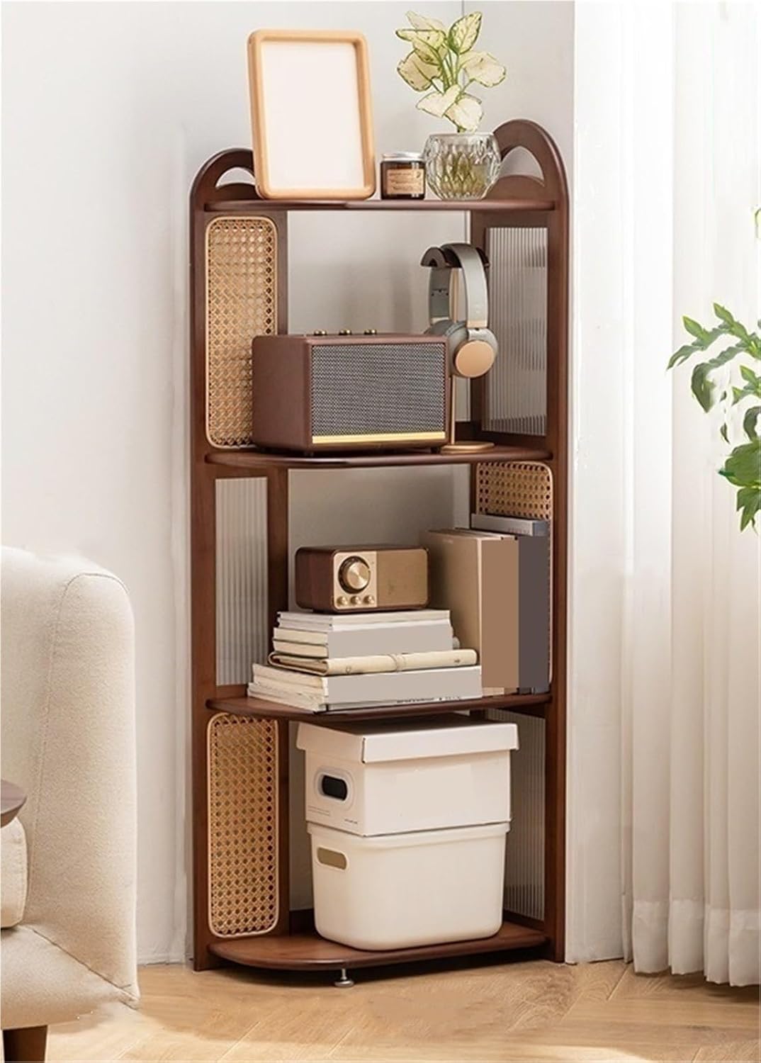 4 Layers Storage Rack Freestanding Corner Display Stand with Adjustable Foot Pad Open Display Rack Rattan Bookshelf Corner Shelf for Living Room Decor,Living Room