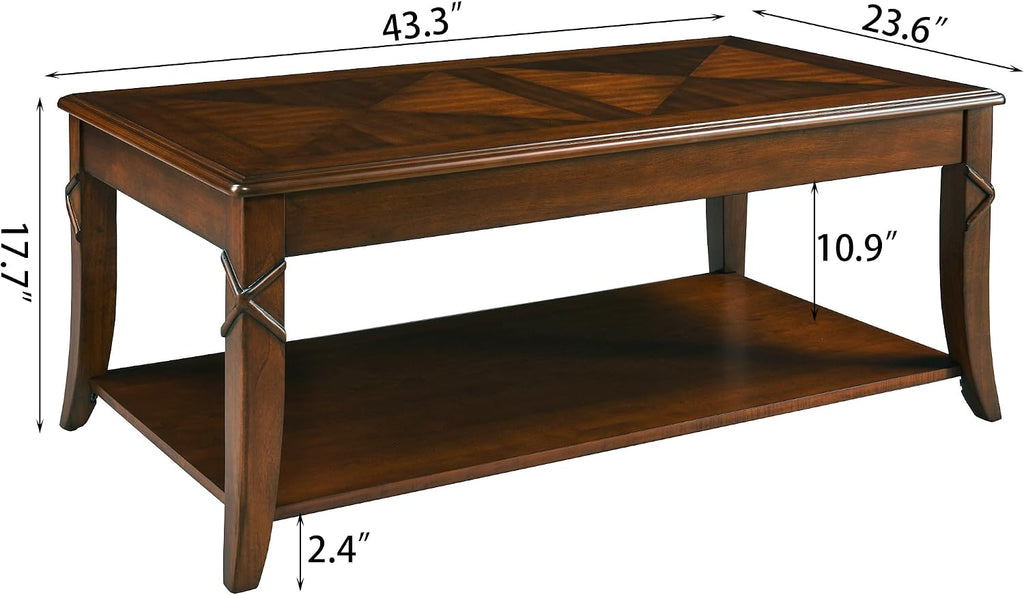 Living Room Tables Set of 3- One Coffee Table and Two End Table with Carved Tabletop and Leg, Mid-Century Sofa Beside Table and Center Table with Carved Legs, Easy Assembly, Cherry Brown KFZ-CJZ-DR200