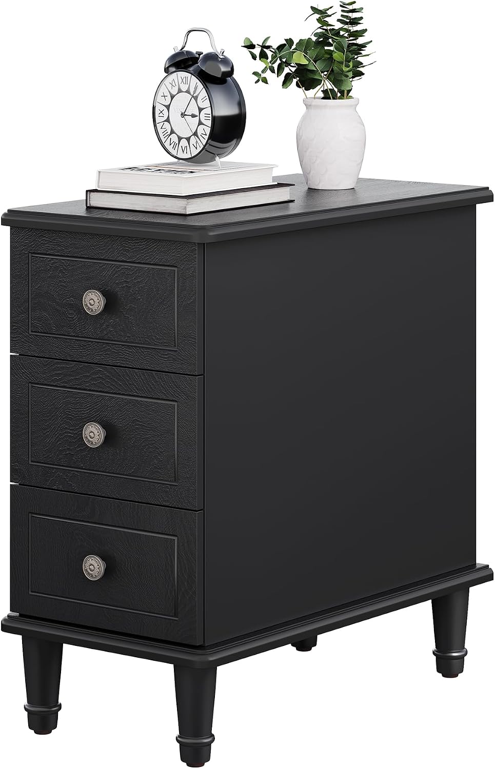 LITTLE TREE Fully Assembled End Table, Narrow Bedside Table with 3 Drawers, Vintage Nightstand for Small Spaces, Living Room, Bedroom, Black