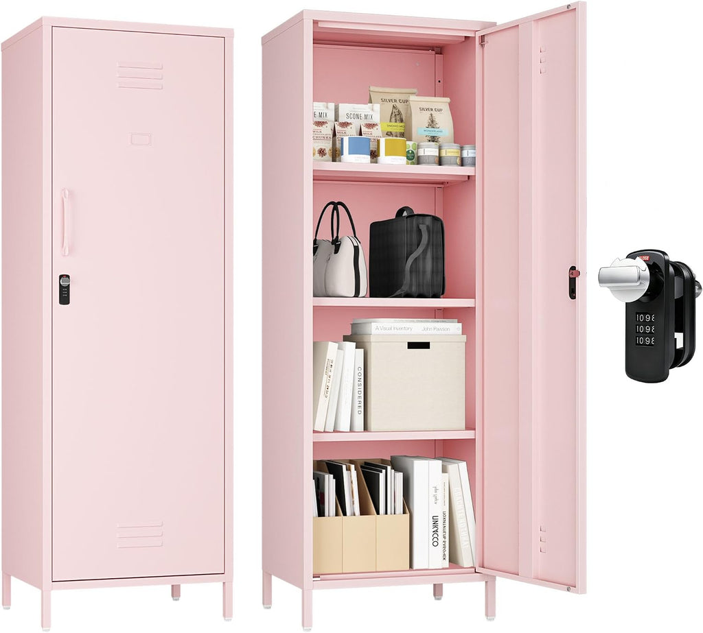 Steehoom Metal Storage Cabinet for Employees, Lockable File Cabinet, Utility Tall Cabinet Pink Locker with 3 Shelves for School, Office, Garage, Entryway (Pink, H59.06'')
