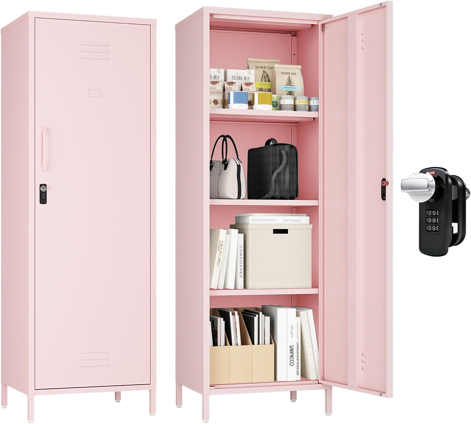Steehoom Metal Storage Cabinet for Employees, Lockable File Cabinet, Utility Tall Cabinet Pink Locker with 3 Shelves for School, Office, Garage, Entryway (Pink, H59.06'')
