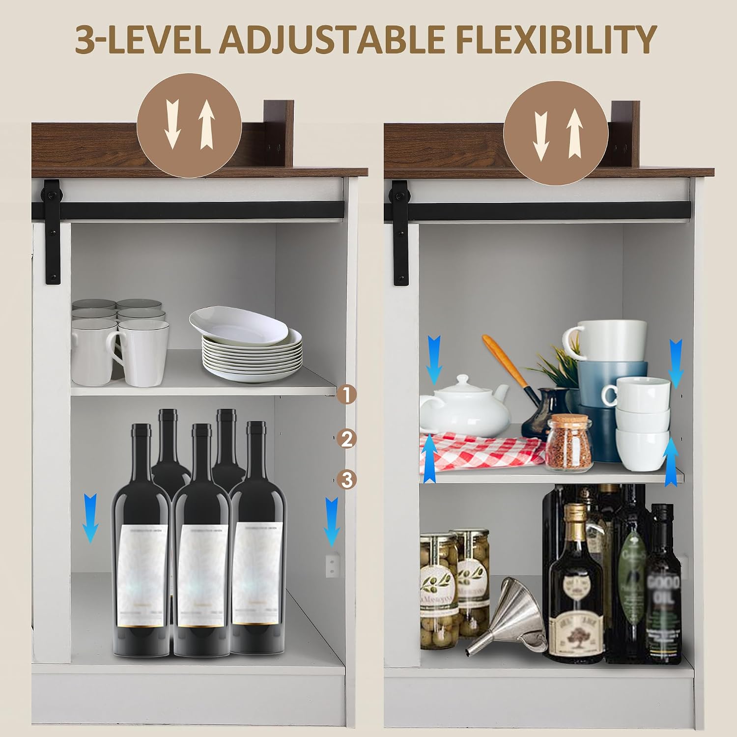 Farmhouse Coffee Bar with Sliding Barn Door, White Home Coffee Bar Station Cabinet with 6 Hooks Adjustable Shelves, Corner Hutch Buffet Cabinets with Storage for Kitchen Living Dining Room