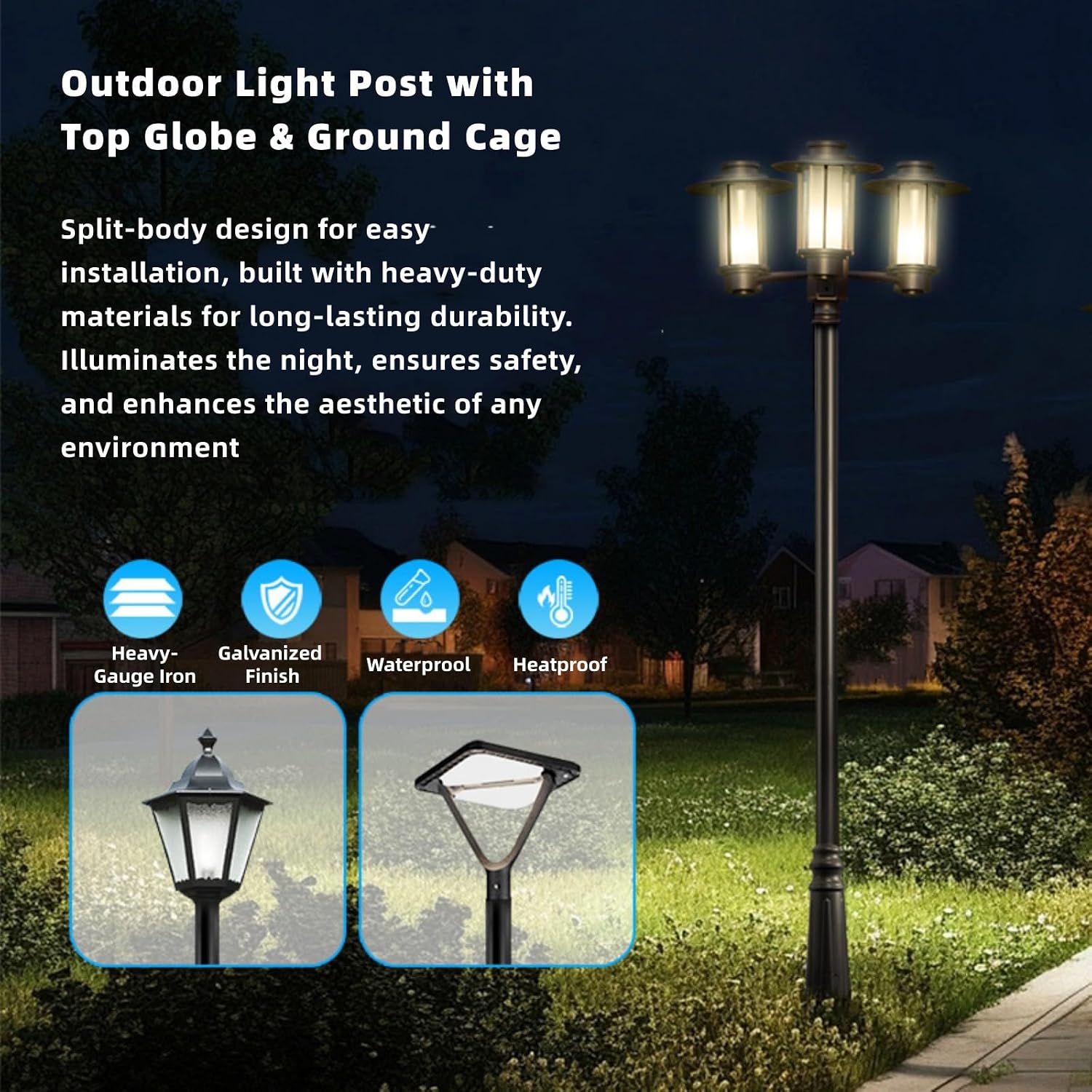 12.5FT Outdoor Lamp Post, Split Street Light Pole with Top Globe & Ground Cage Lighting Post Fixtures for Pathway Courtyard Parking Lot, Fits Standard 3' Post Top Fixtures (12.5FT 275+76mm)