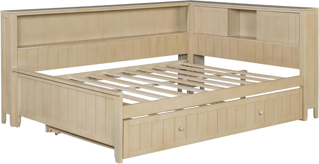 MERITLINE Full Size L-Shaped Daybed with Storage Shelf and Trundle, Wood Corner Bed with Headboard for Bedroom Living Room, Space Saving, Antique White Milk