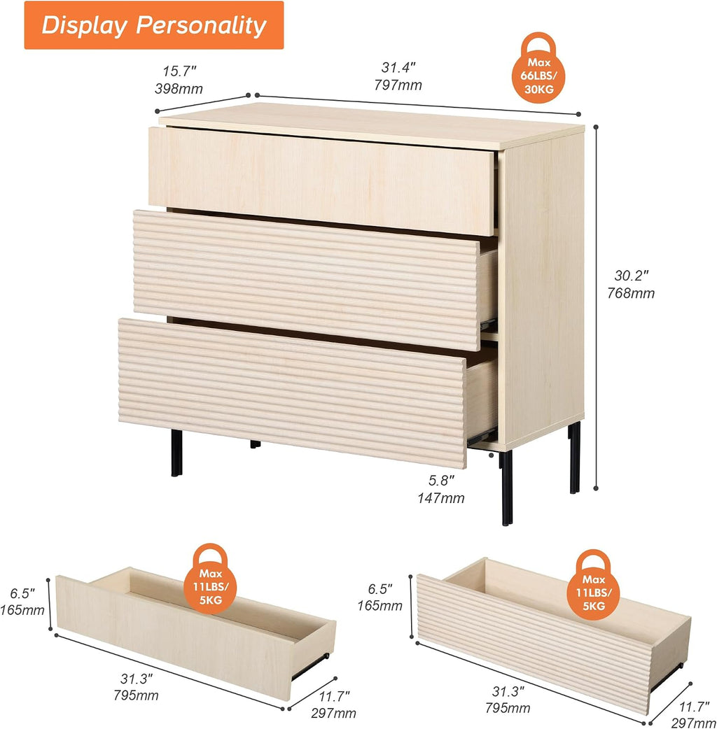 WAMPAT 30.2' Tall Fluted Nightstands Set of 2 with 3 Large Drawers, Mid Century Nightstand End Table with Hidden Handle, Wooden Bedside Table with Storage for Bedroom, Beige