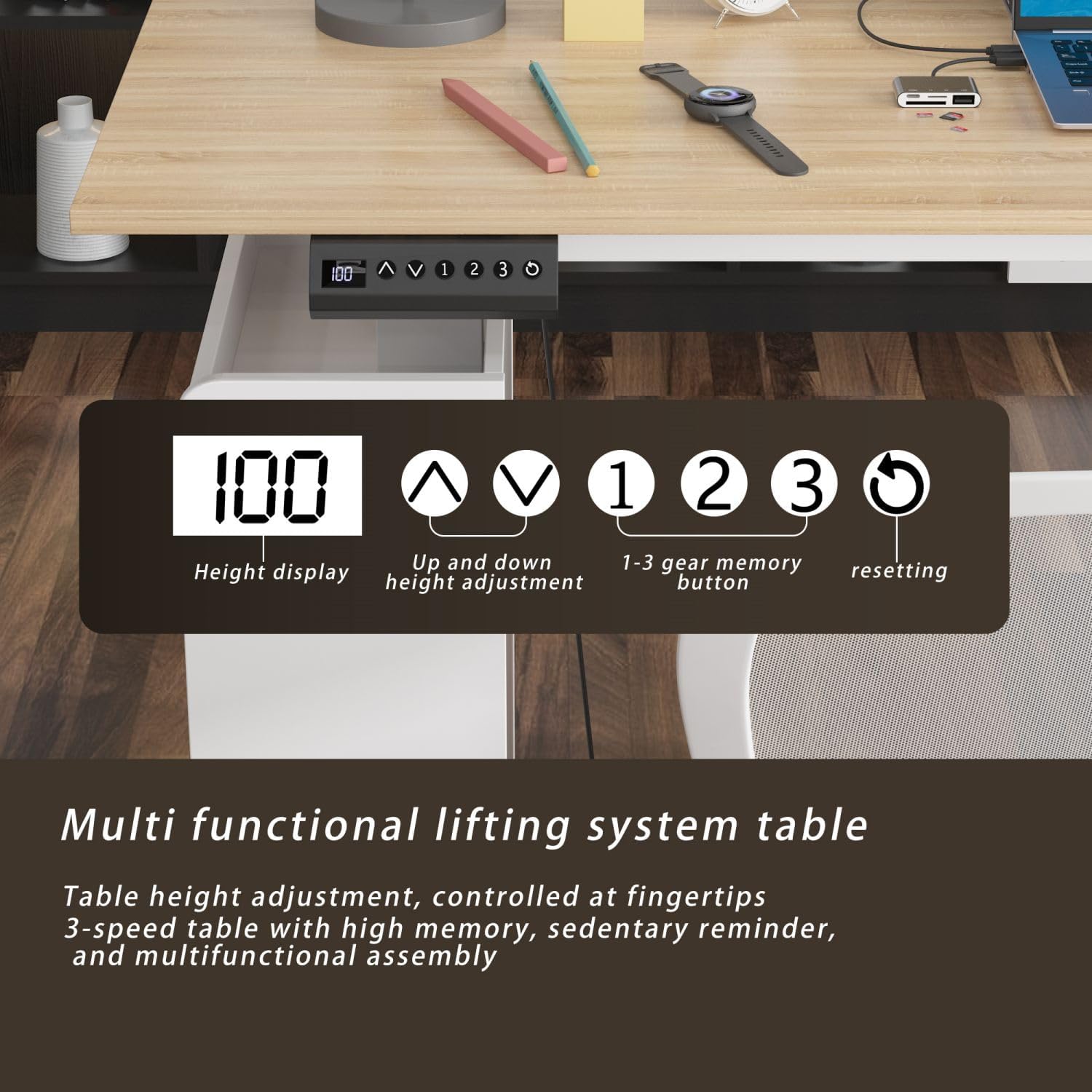 MOUMON L Shaped Standing Desk with Drawers and Shelves, Executive Adjustable Height Desk, L-Shaped Design, 63 inch Tabletop, for Office Oak and White (63'W x 63'D x 28.9-45.3'H)