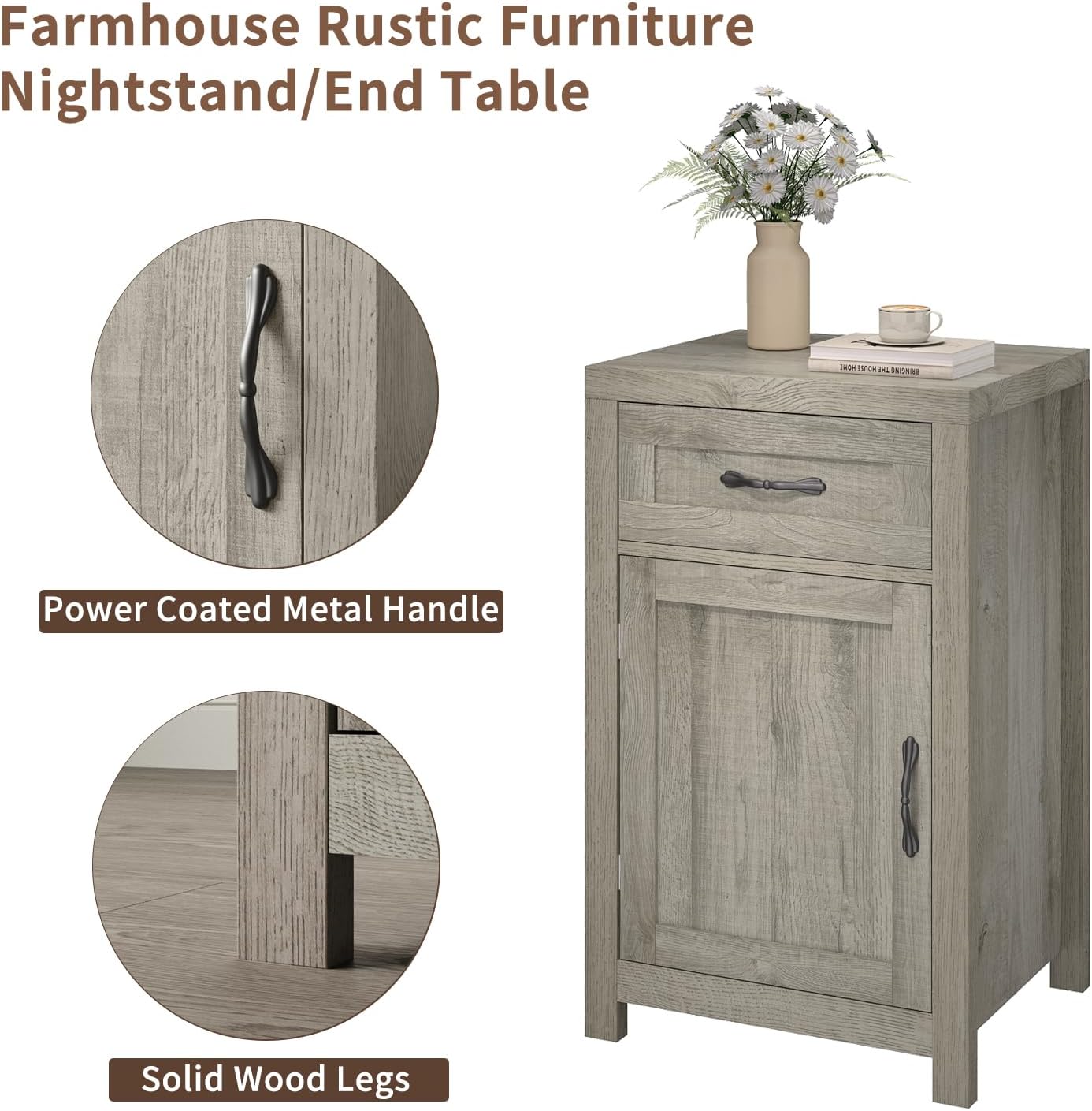 Farmhouse Nightstand Set of 2 with Drawer, 30' End Table with Storage Cabinet and Adjustable Shelf, Tall Bedside Table Rustic Wood Sofa Side Table for Living Room, Bedroom, Grey