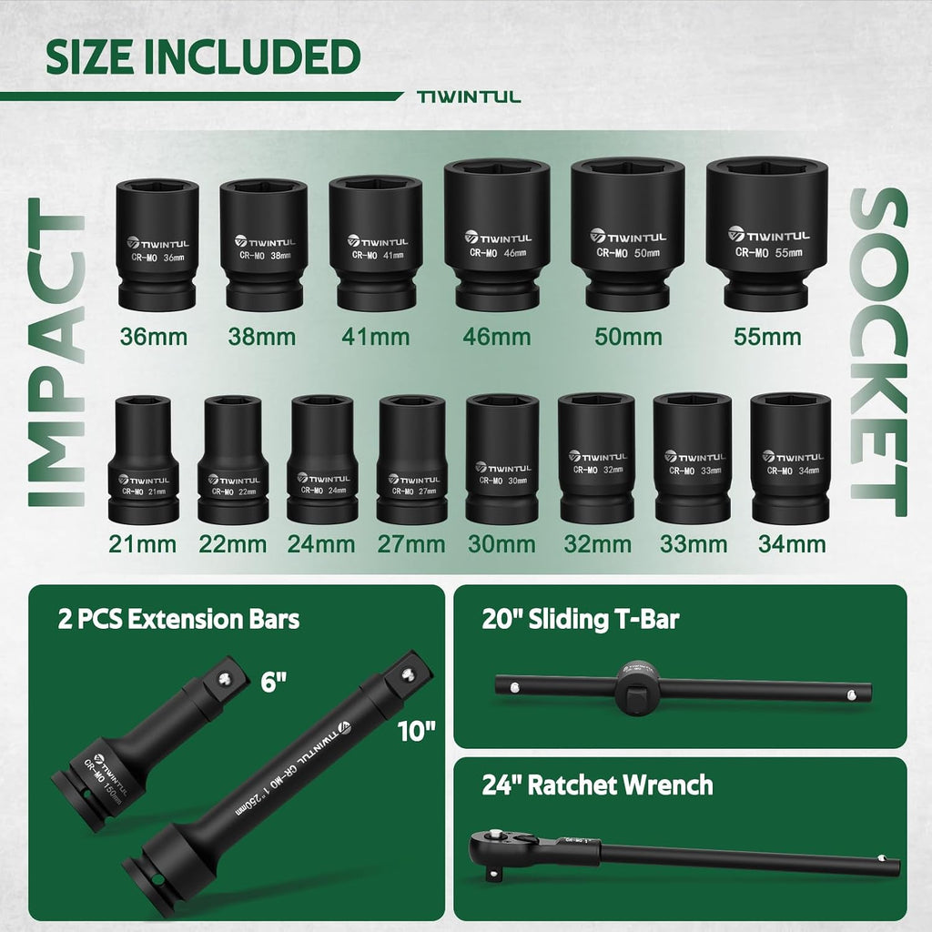 1 Inch Drive Impact Socket Set for Truck, Excavator & Construction Equipment Repair, 21-55mm Metric Heavy Duty CR-MO Socket Set, 18 Pcs with 24' Ratchet Wrench, Sliding T-Bar & Extension Bars