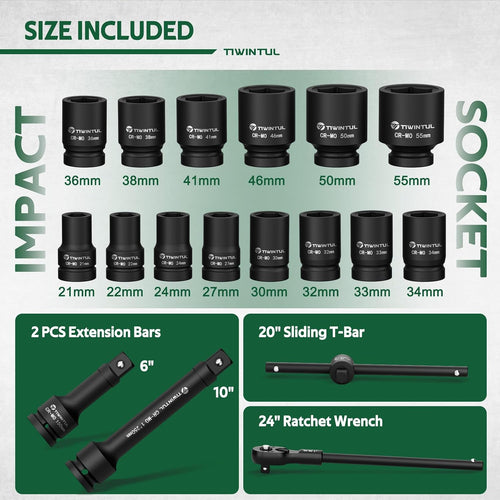 1 Inch Drive Impact Socket Set for Truck, Excavator & Construction Equipment Repair, 21-55mm Metric Heavy Duty CR-MO Socket Set, 18 Pcs with 24' Ratchet Wrench, Sliding T-Bar & Extension Bars