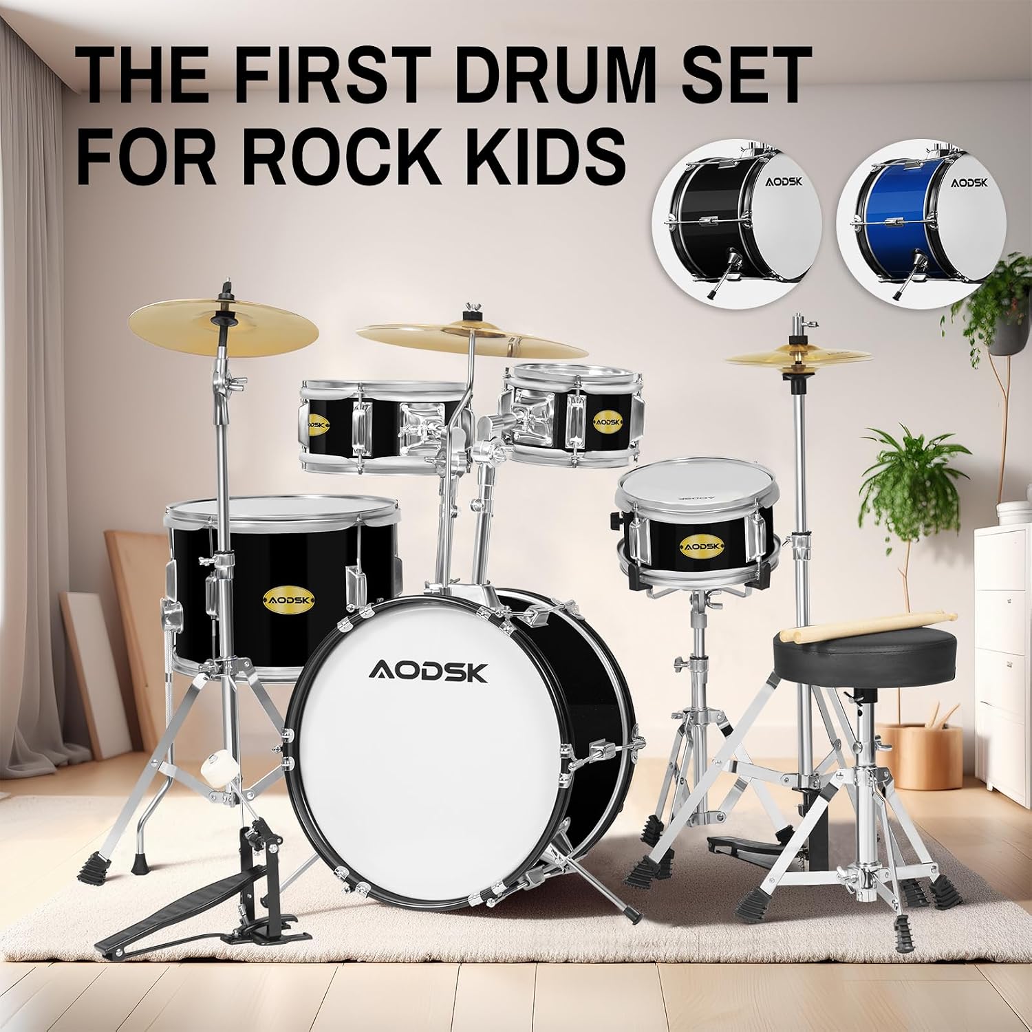 AODSK Drum Sets 5-Piece for Beginners, 14 inch Full Size Complete Drum Kit with Adjustable Throne, Cymbal, Hi-Hat, Pedal & Drumstick