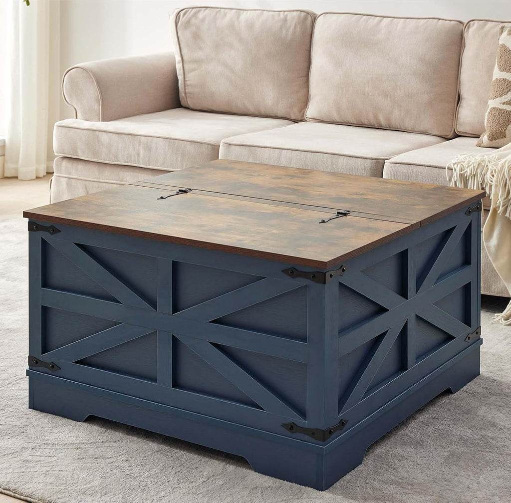 Farmhouse End Table Set with Charging Station, Living Room Tables with Hidden Storage, Wood Square Sofa Bedside Tables, Night Stand with Power Outlet and Door, Blue