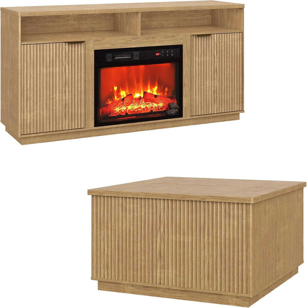 2-Piece Fluted Living Room Set Includes 31.5' Fluted Lift Top Coffee Table,59' Fluted Fireplace TV Stand for TVs Up to 70 inches,Modern TV Stand and Coffee Table Set,Natural Oak