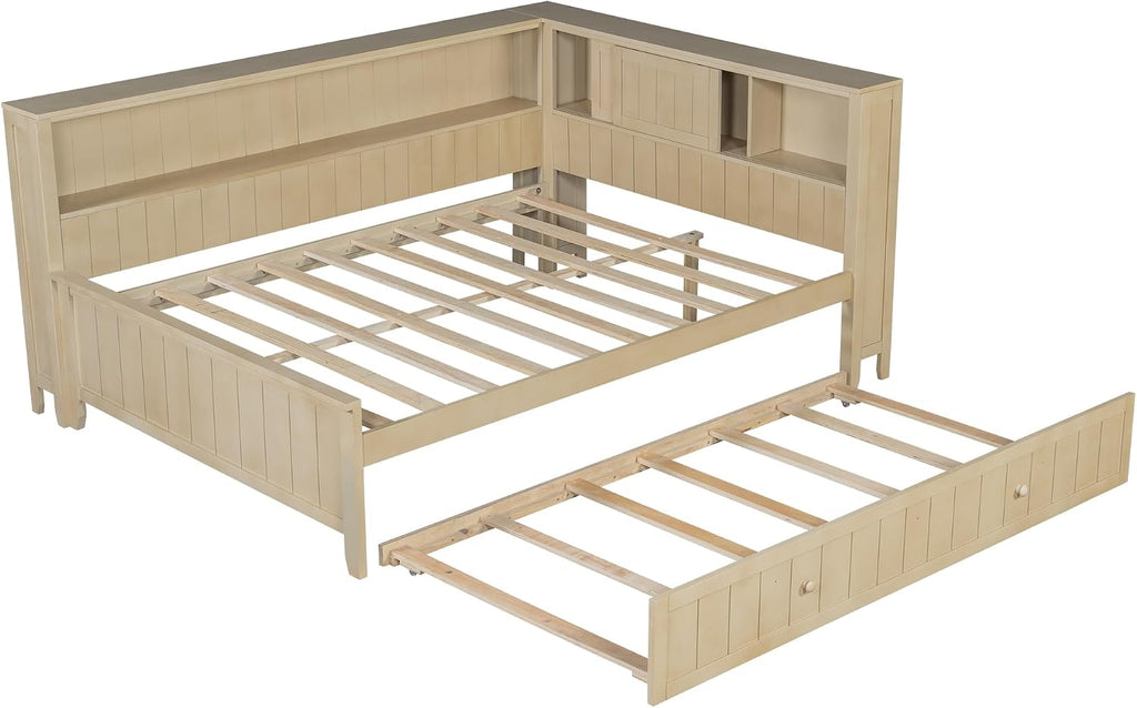 MERITLINE Full Size L-Shaped Daybed with Storage Shelf and Trundle, Wood Corner Bed with Headboard for Bedroom Living Room, Space Saving, Antique White Milk