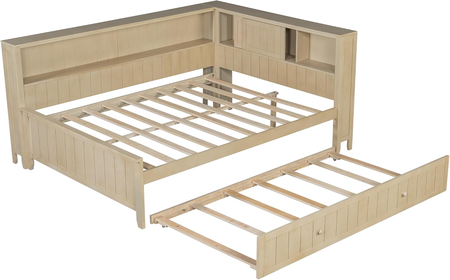 MERITLINE Full Size L-Shaped Daybed with Storage Shelf and Trundle, Wood Corner Bed with Headboard for Bedroom Living Room, Space Saving, Antique White Milk