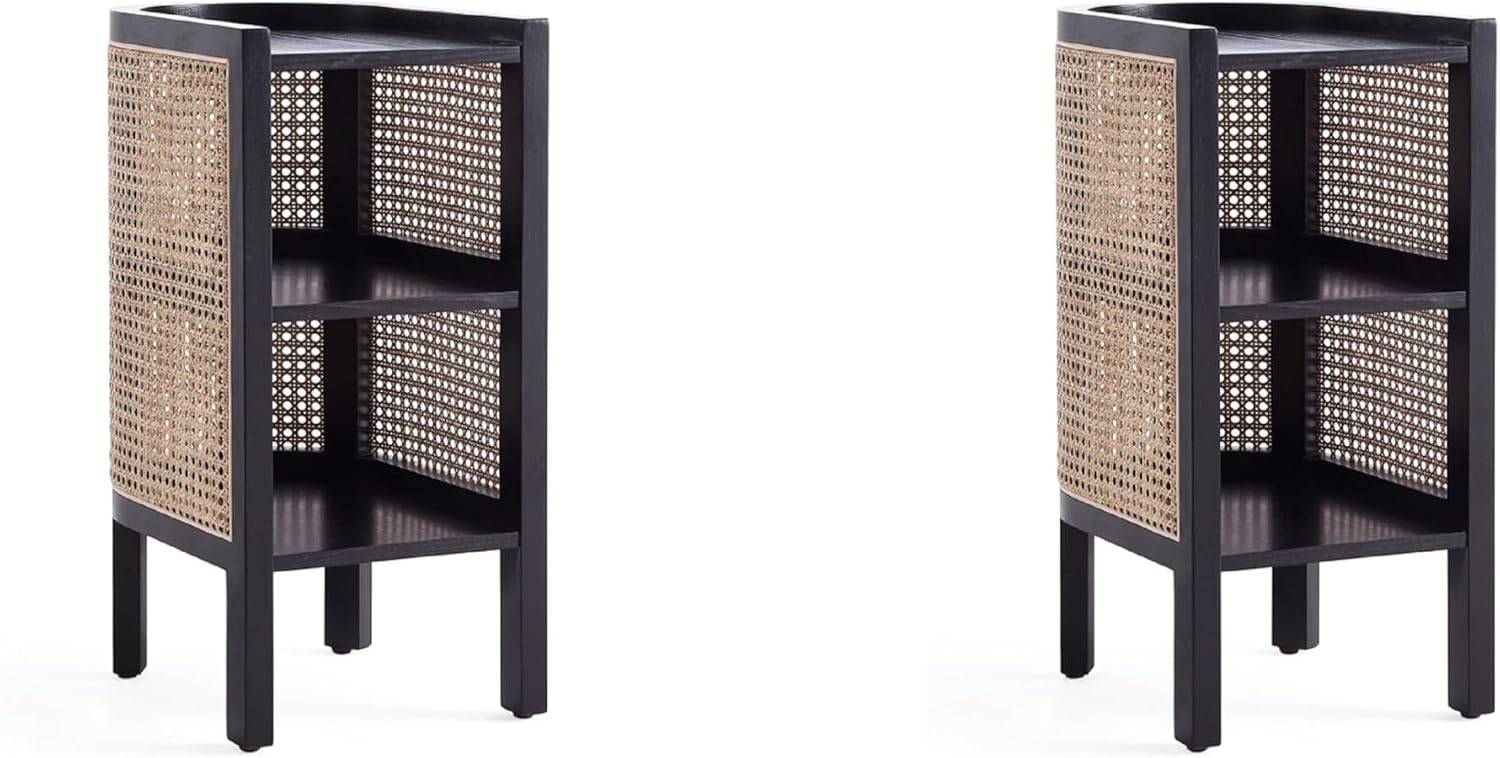 Manhattan Comfort Versailles Rattan Bedside End Table Accent Sofa Side Table for Living Room, Bedroom, Study and Home Office with 2 Shelf Storage, Set of 2, Black/Natural Cane