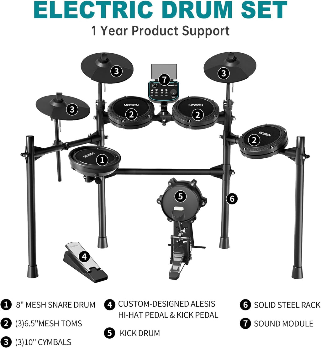 MOSEN MED-X5 Electric Drum Set Mesh Drum Pads, Phone Holder, Sticks, Adjustable cymbals, Kick drum, Headphones, USB MIDI, 260+ Sounds and 30 Drum Kits for Beginner