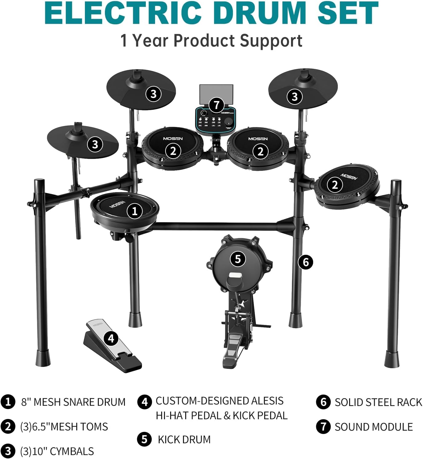 MOSEN MED-X5 Electric Drum Set Mesh Drum Pads, Phone Holder, Sticks, Adjustable cymbals, Kick drum, Headphones, USB MIDI, 260+ Sounds and 30 Drum Kits for Beginner