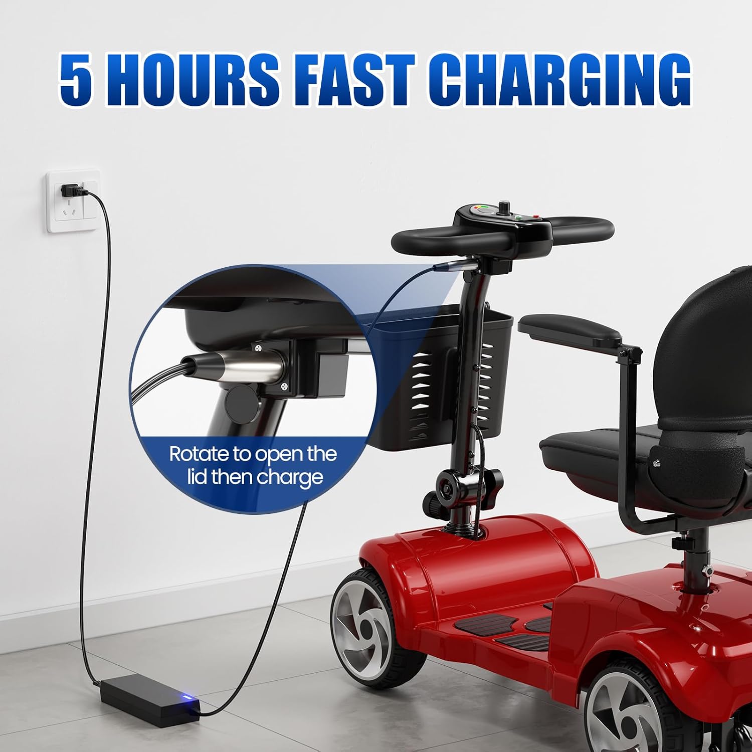 30 Miles Long Range Electric Mobility Scooter, Powered Mobility Scooters for Adults and Seniors, Motorized Scooter, Compact Heavy Duty Mobile for Travel with LED Headlight, Basket Red