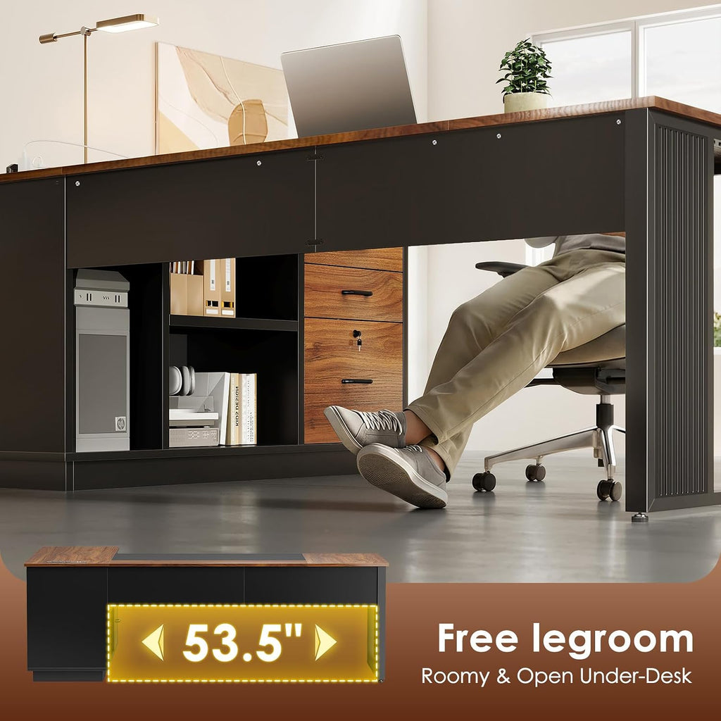 AODK 71 Inch L Shaped Executive Desk with Drawers and File Cabinet, Large Office Desk with Storage Shelves, Corner Computer Desk for Home Office, Walnut + Black