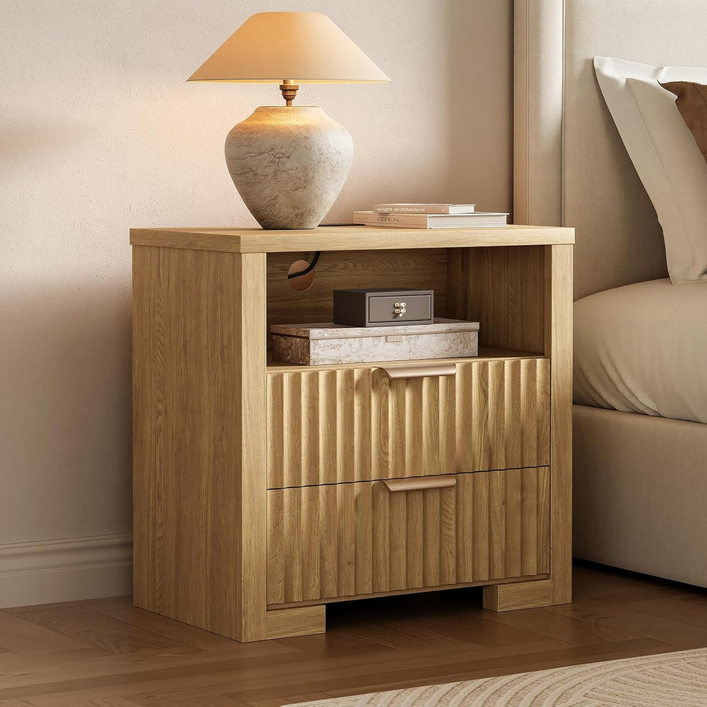 24' Fluted Night Stand Set of 2 with Charging Station, Wood Bedside Table with 2 Drawers and Open Shelf, Modern nightstand for Bedroom, Office, Natural Oak