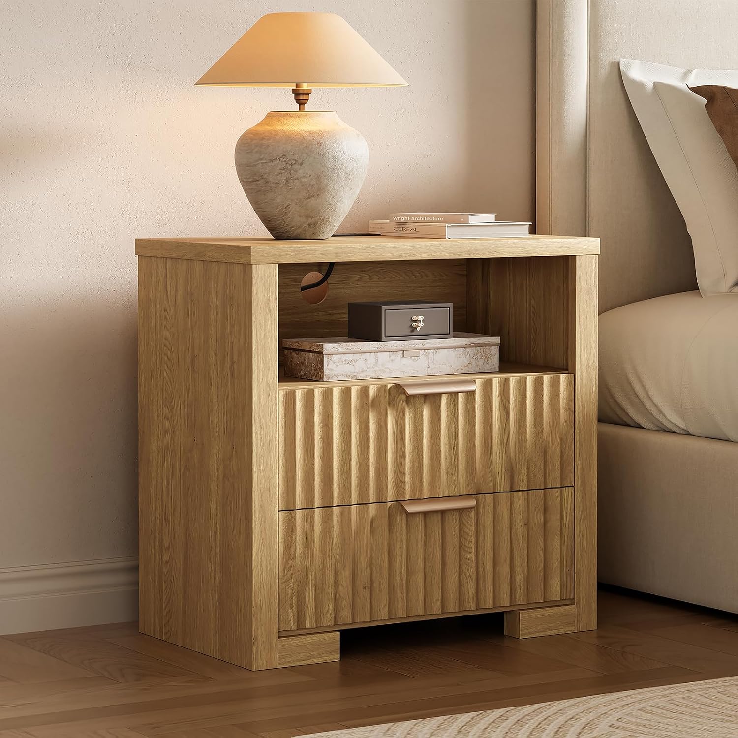 24' Fluted Night Stand Set of 2 with Charging Station, Wood Bedside Table with 2 Drawers and Open Shelf, Modern nightstand for Bedroom, Office, Natural Oak