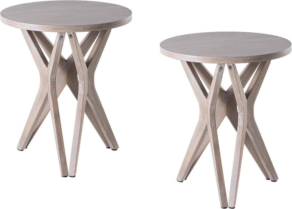Pedestal Farmhouse End Table Set of 2, Distressed Top with Tripod Base Bedside Table for Living Room, Modern, Boho Decor, Round (2-Pack, Distressed Aah Grey)