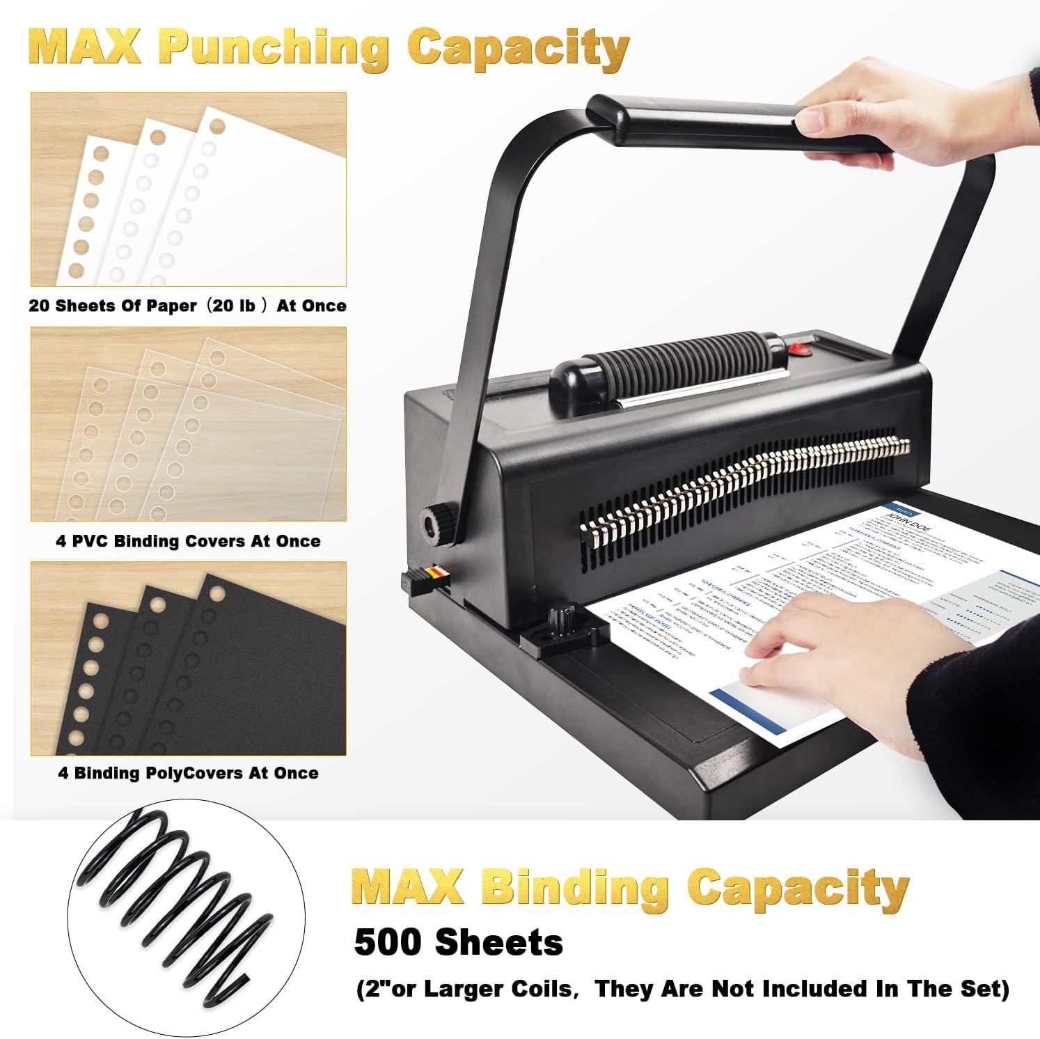 HOUYEE Spiral Coil Binding Machine with 100 Pack 3/8'(10mm) Binding Coils & Plier,and 100 Pack Plastic Spiral Binding Coils,6mm (1/4'),30 Sheets Capacity,4:1 Pitch, 48 Loops, for Letter Size (Black)