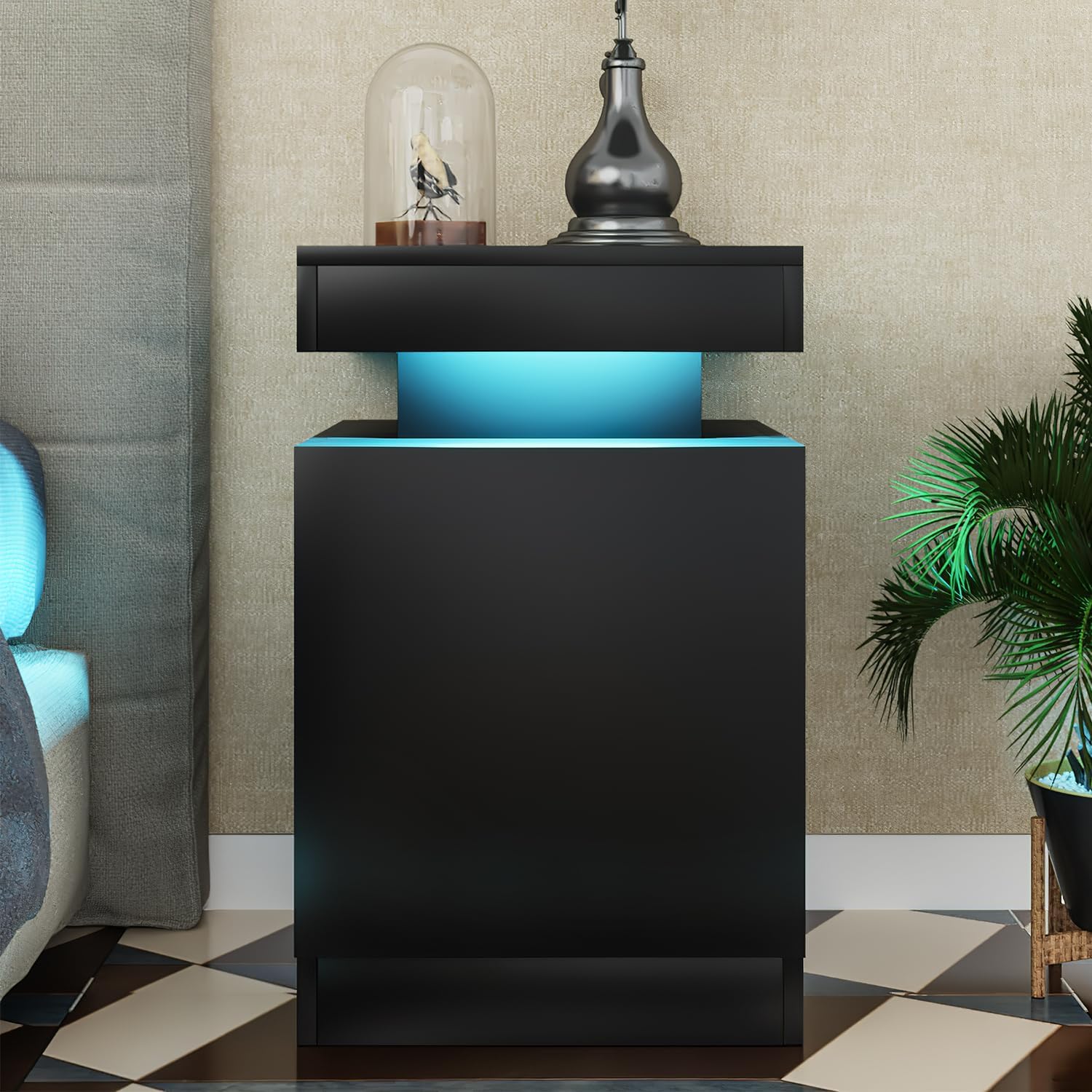 oneinmil Nightstand Set of 2 with LED Lights,Night Stand with Storage Cabinet for Bedroom,Bedside Table with LED, Black