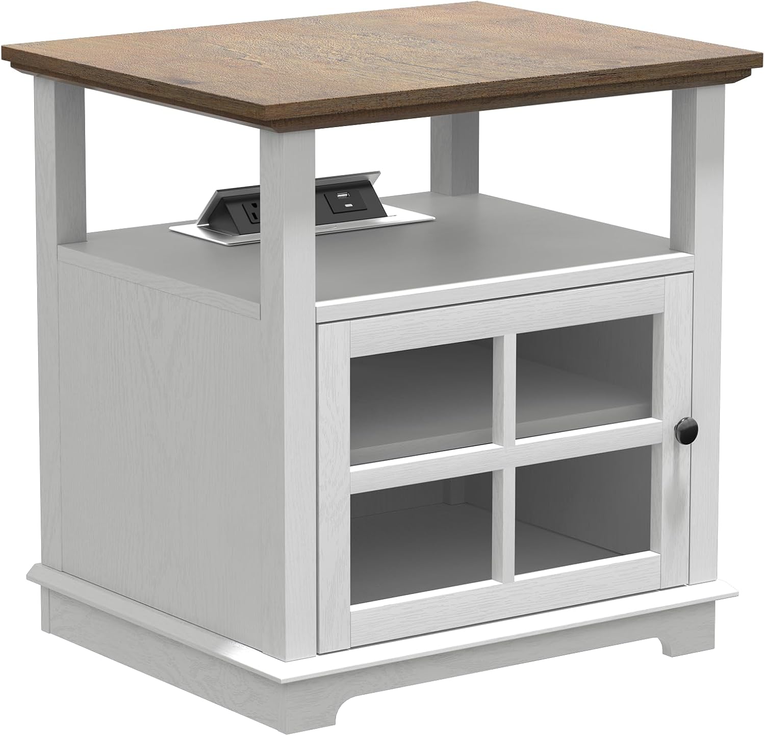 HIFYOBRO 24''Tall White End Table with Charging Station, Adjustable Shelf & Storage, 21' Large Side Table, Modern Farmhouse Nightstand for Bedroom, Living Room, Office