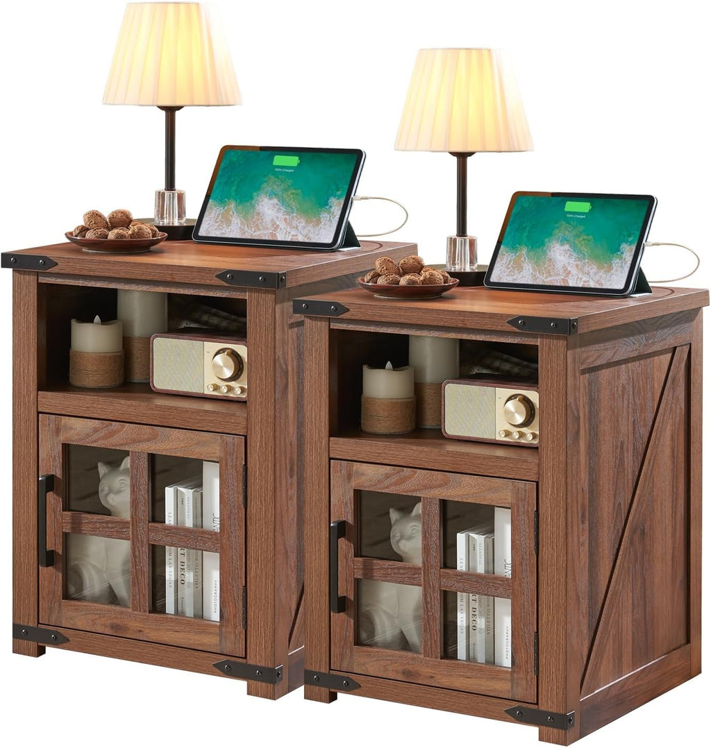 Barnyatoh Farmhouse Nightstand with Charging Station, Rustic End Table with Tempered Glass Barn Door, Wood Sofa Side Bedside Table with Open Storage Shelf for Living Room, Bedroom, Brown, 2 Pack