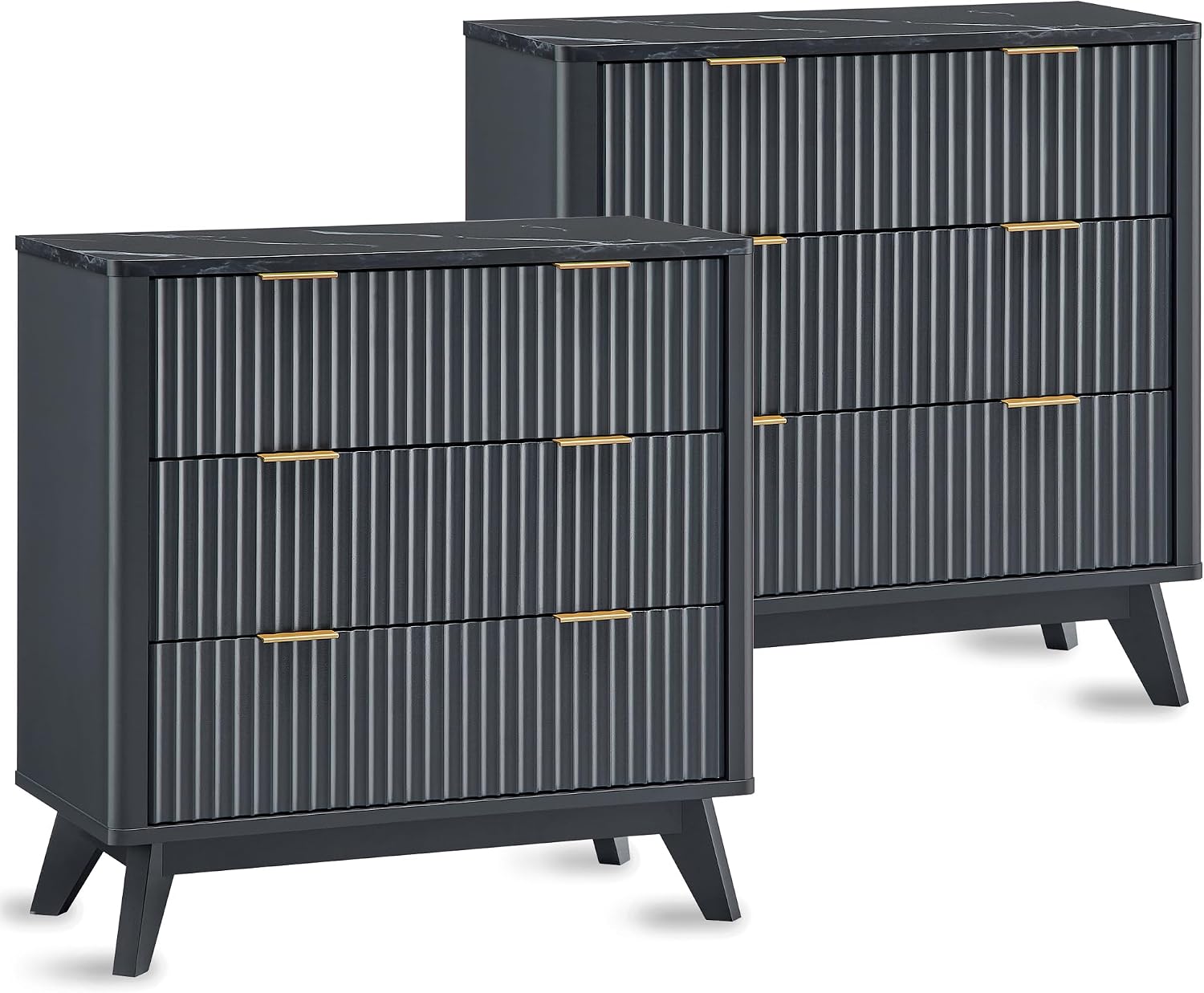 T4TREAM Fluted 3 Drawers Nightstand Set of 2, Oversized Extra Large Modern Side Table with Faux Marble Top, End Table Bedside for Bedroom, Living Room, Curved Profile Design, Dark Grey | Fluted