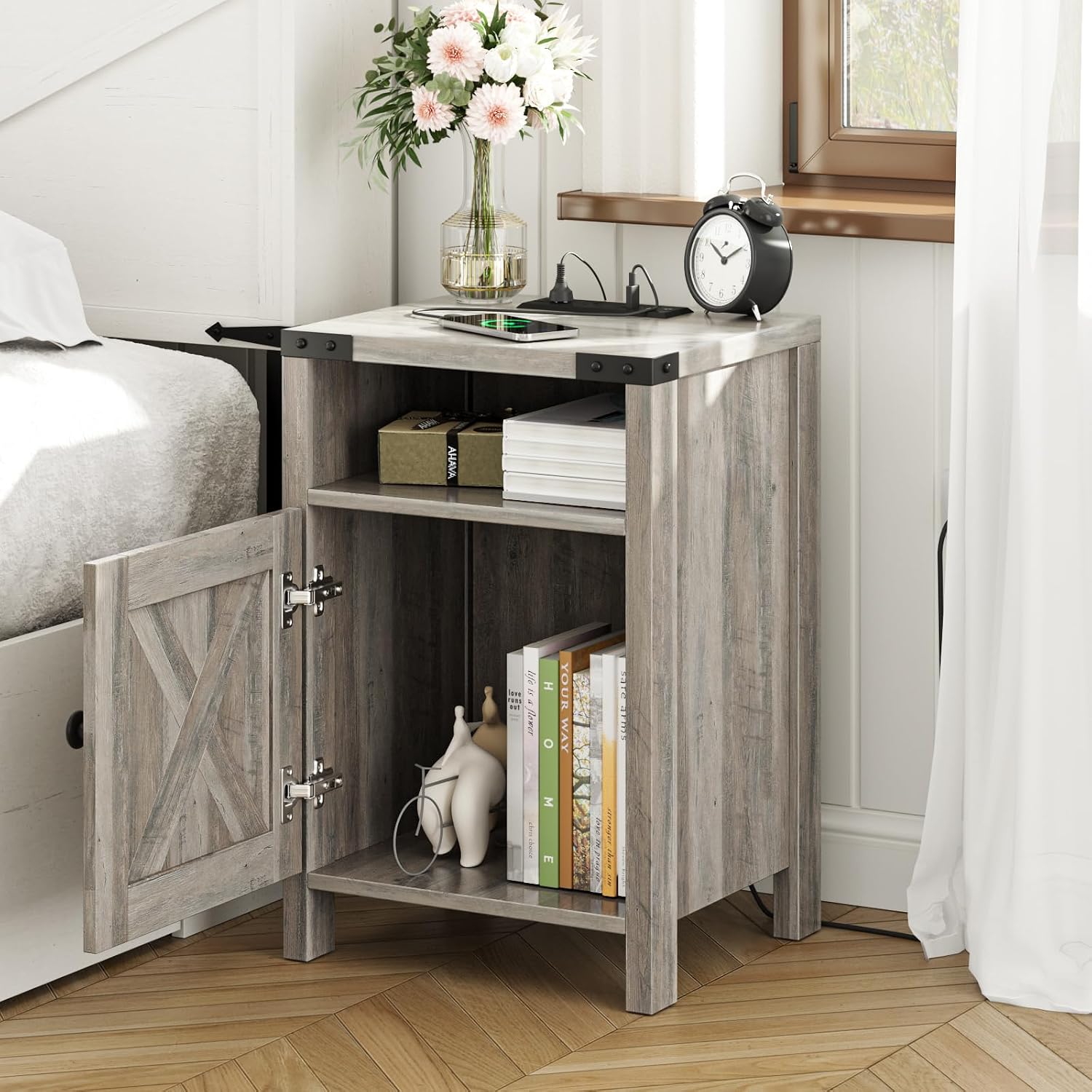 Fameill Farmhouse End Tables Set of 2, Nightstands with Charging Station, Bedside Tables with Barn Door and Open Compartment, Rustic Living Room Bedroom Side Table, Wash Grey