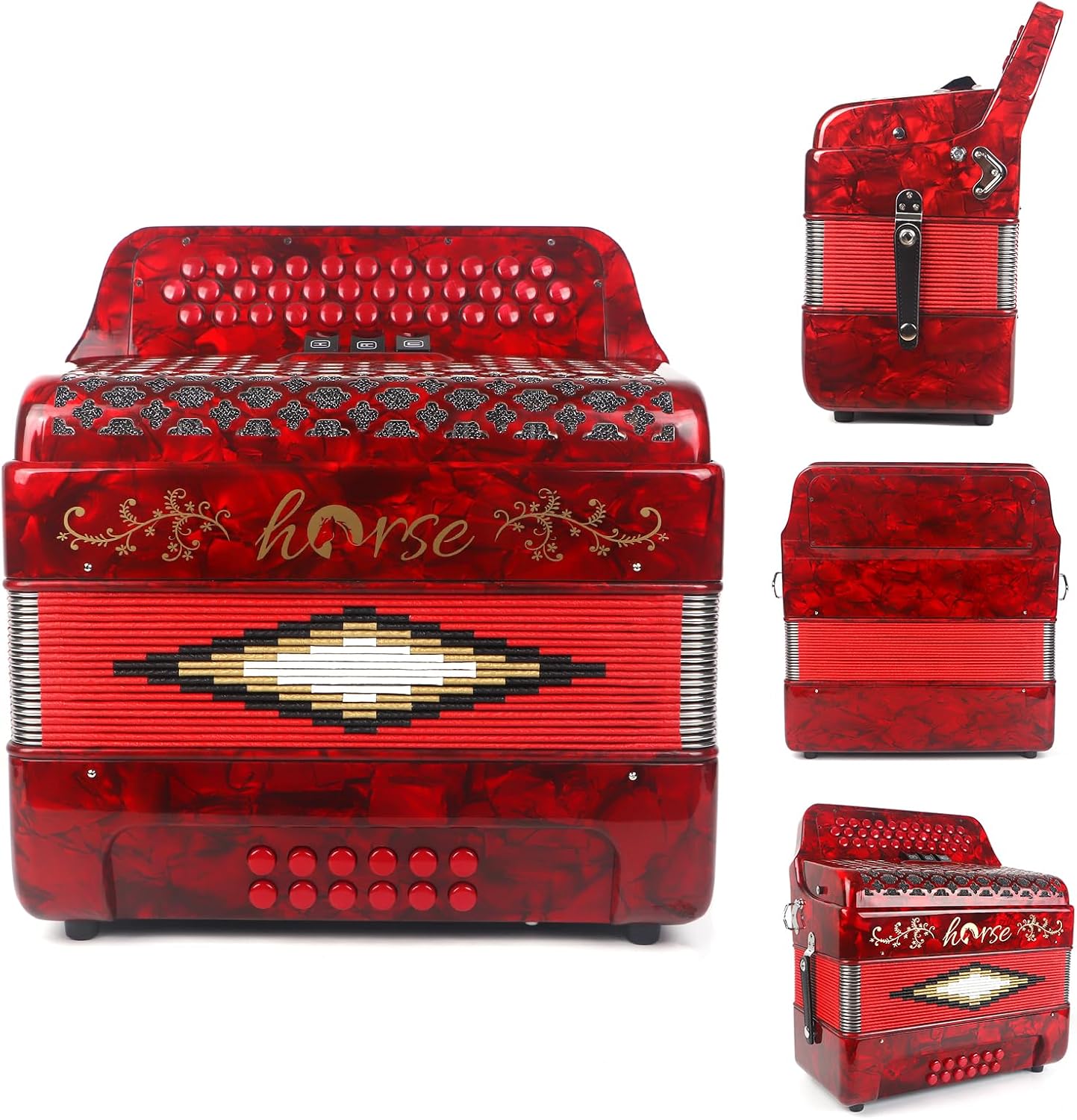 Horse 34 Key Accordion, GCF 12 Bass 3 Row, Made of Celluloid Louder & Clearer Timbre than Plastic,Accordions Instrument for Adults,W/Luxury Backpack,Straps,34 Buttons Acordeón Acordeones Para Adultos