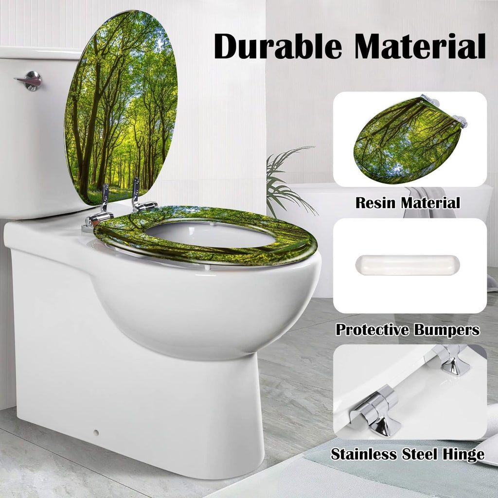 Elongated Toilet Seat Looking up idyllic oak forest canopy green Resin Toilet Seat Slow Quiet Close with Quick-Release Hinges Toilet Seat with Cover Easy to Clean Install
