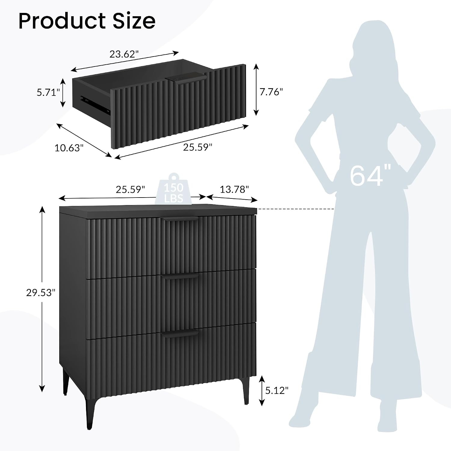 25.6' W Black Fluted Nightstand with 3 Drawer, Modern Wood Night Stands Bedside Table for Bedroom King/Queen Bed, End Table with Robot-Friendly Legs for Living Room,Entry