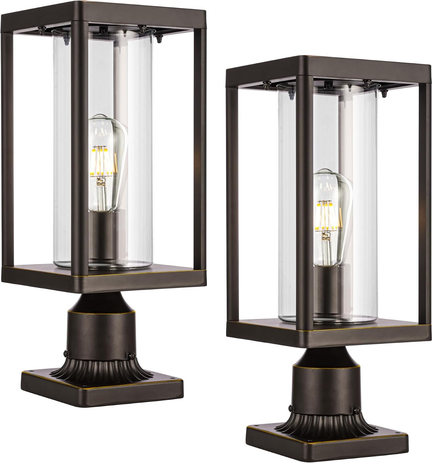 Beionxii Outdoor Post Lights, 20in Post Lantern with Pier Mount Base, Aluminum Street Lights with Glass, Fence Post Deck Lighting for Garden, Patio, Pathway, BXA291-P-2PK-O (NOT Solar, 110-120V AC)